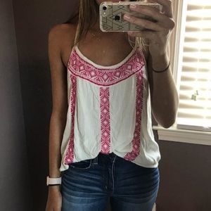 flowy off white tank with hot pink embroidery